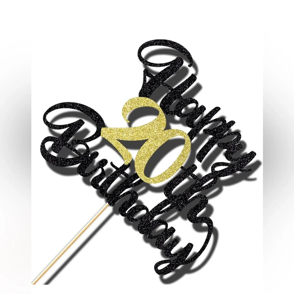 Klionjor 1 PC Happy 20th Birthday Cake Topper Black Gold Glitter Cheers to 20 Yr